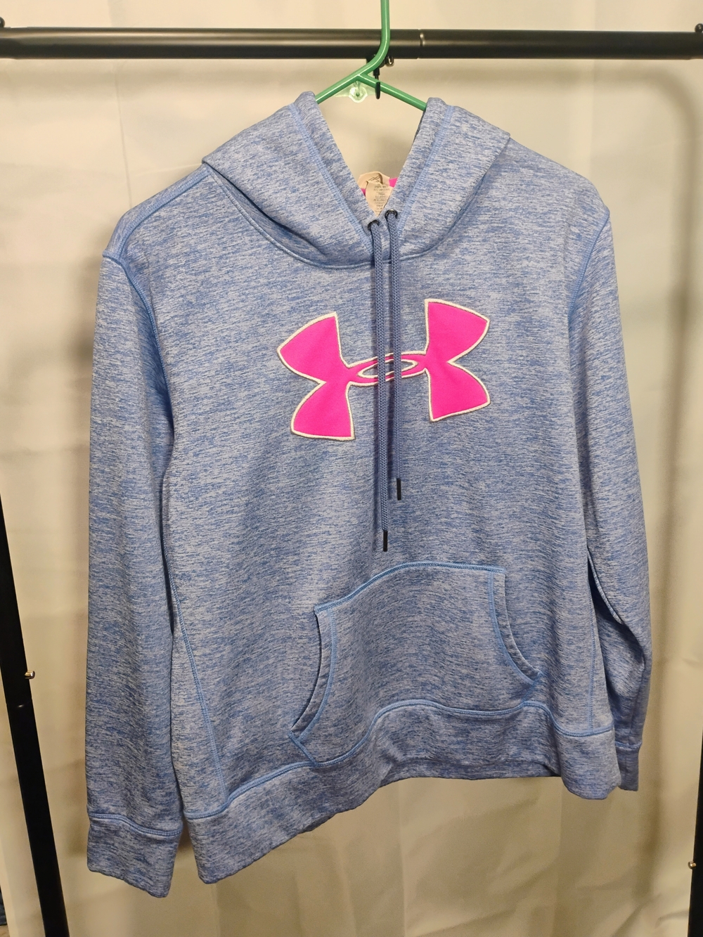 Under Armour Women's Light Blue Hoodie with Pink Logo Large